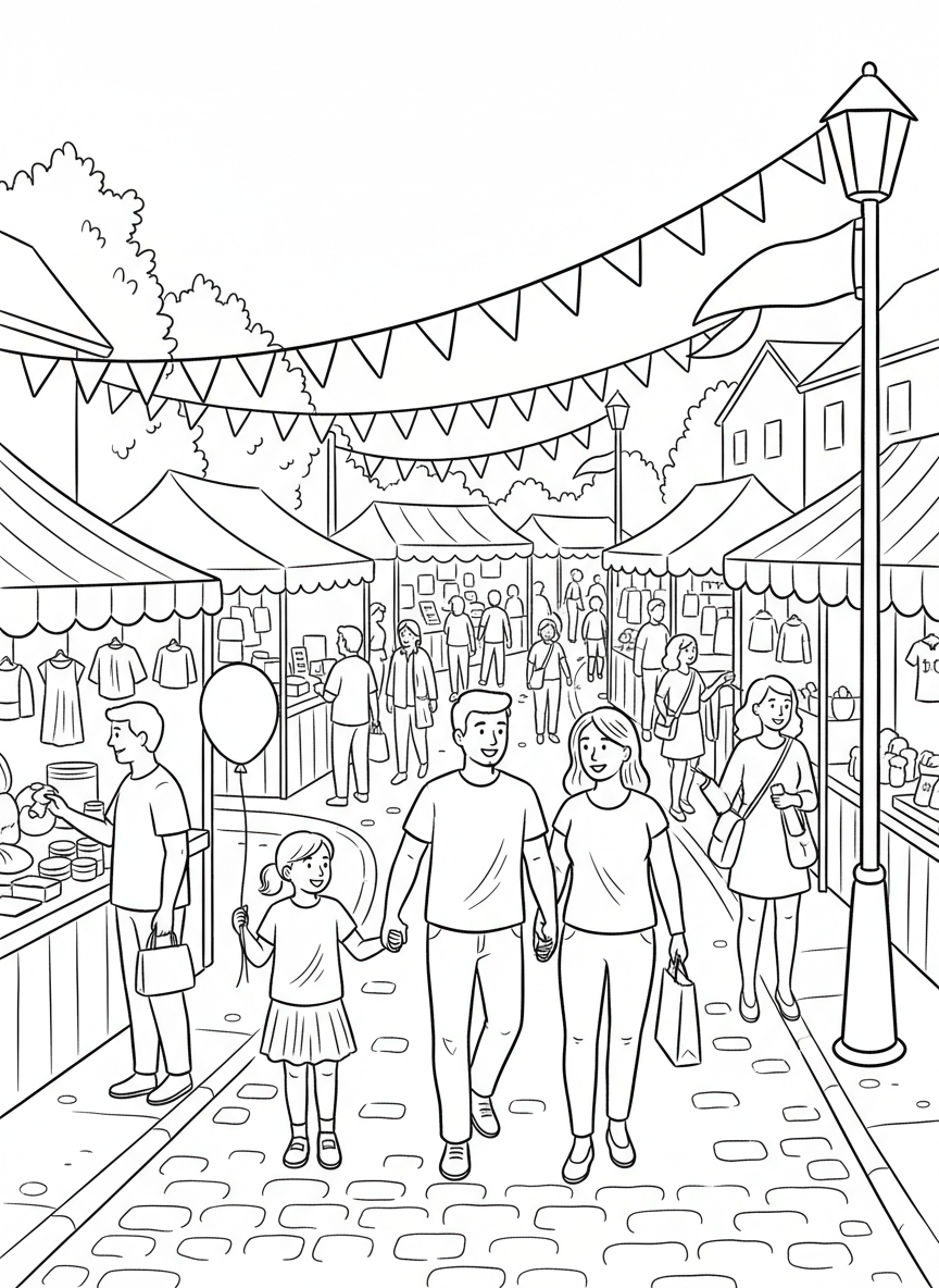 A festive street fair with booths, bunting flags strung overhead, and families walking together, busy community celebration