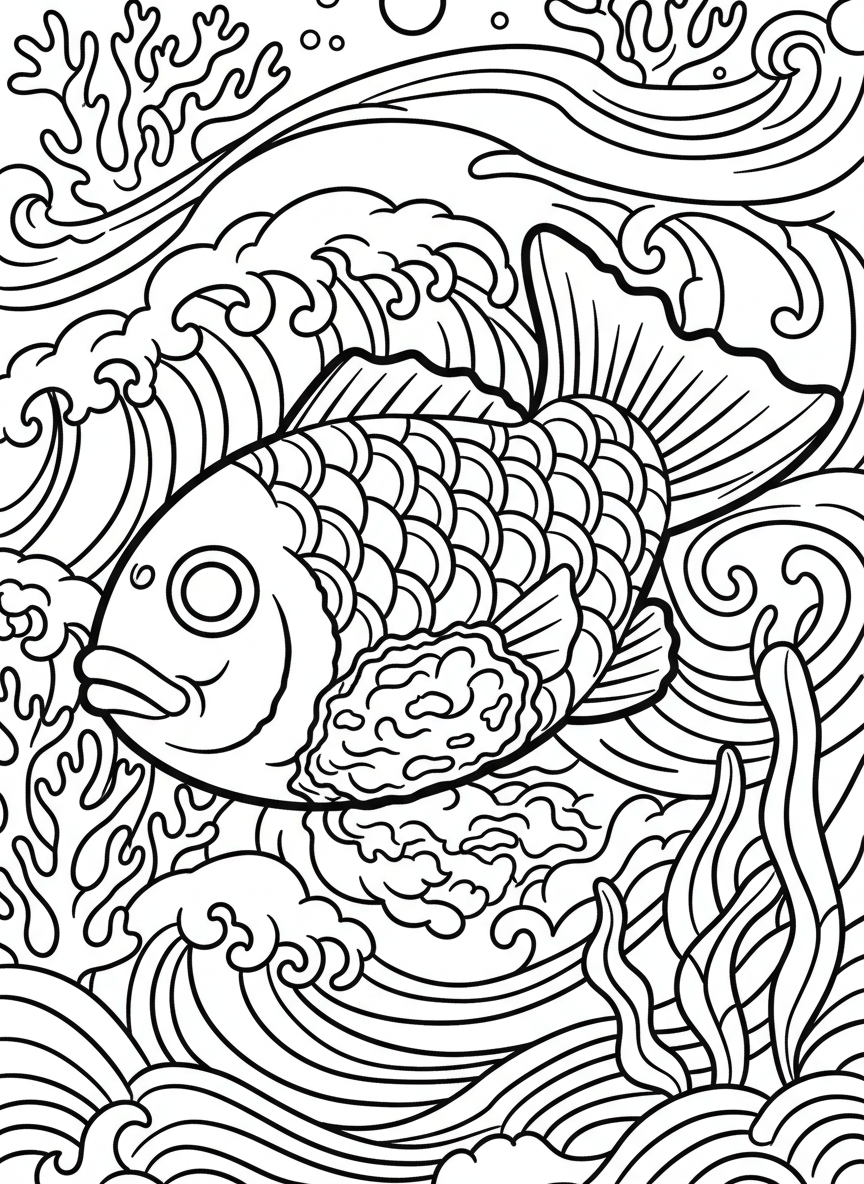 A taiyaki fish-shaped cake with scale patterns and filling visible, swimming through decorative waves