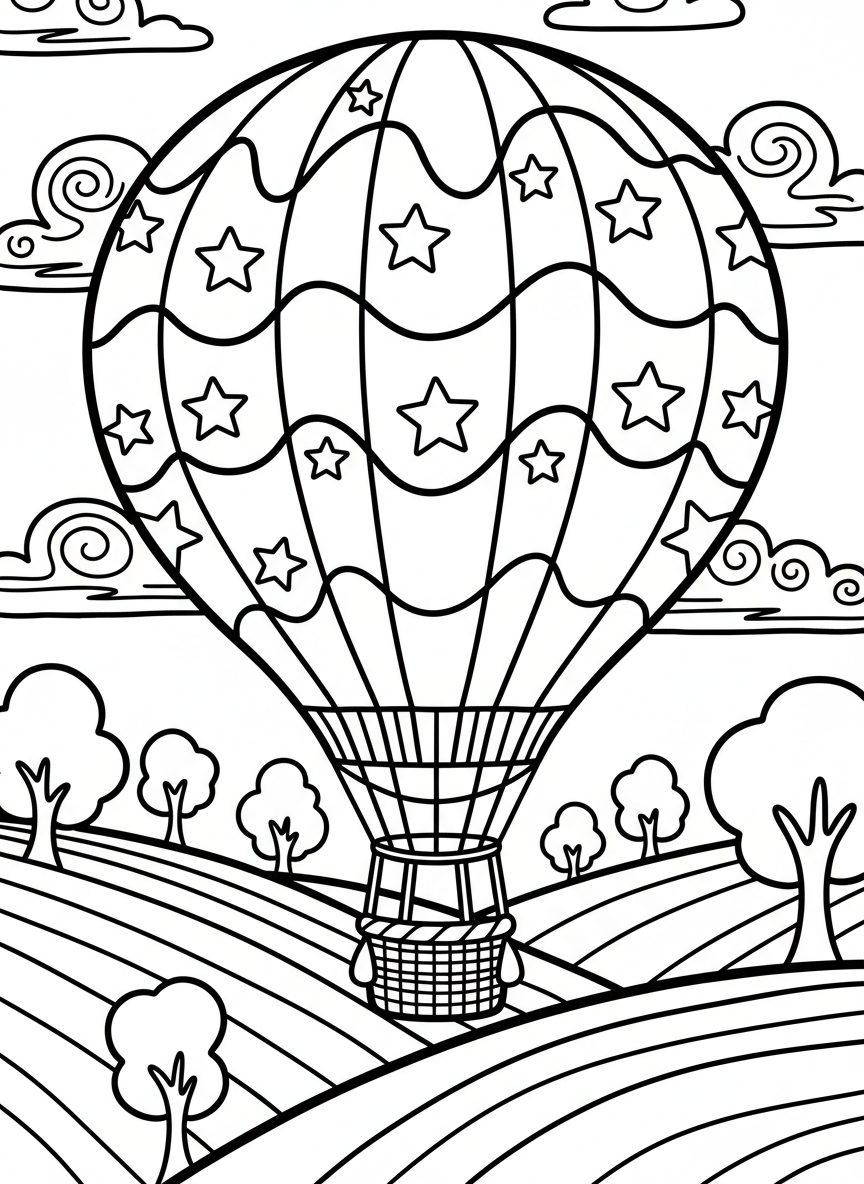 A hot air balloon designed with stars and stripes pattern floating above rolling hills and trees.