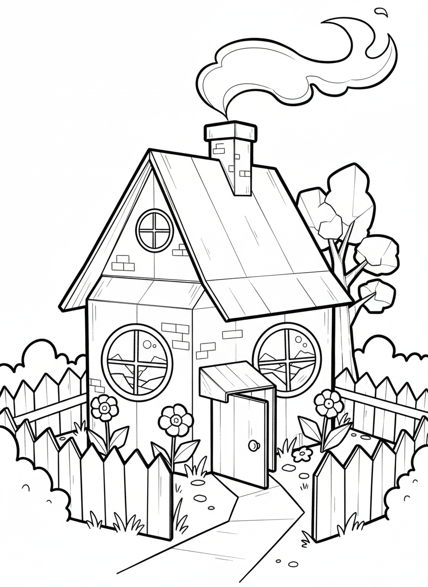 A cozy origami cottage with a chimney, round windows, and a garden fence, showing clear paper-fold lines and a welcoming front door.