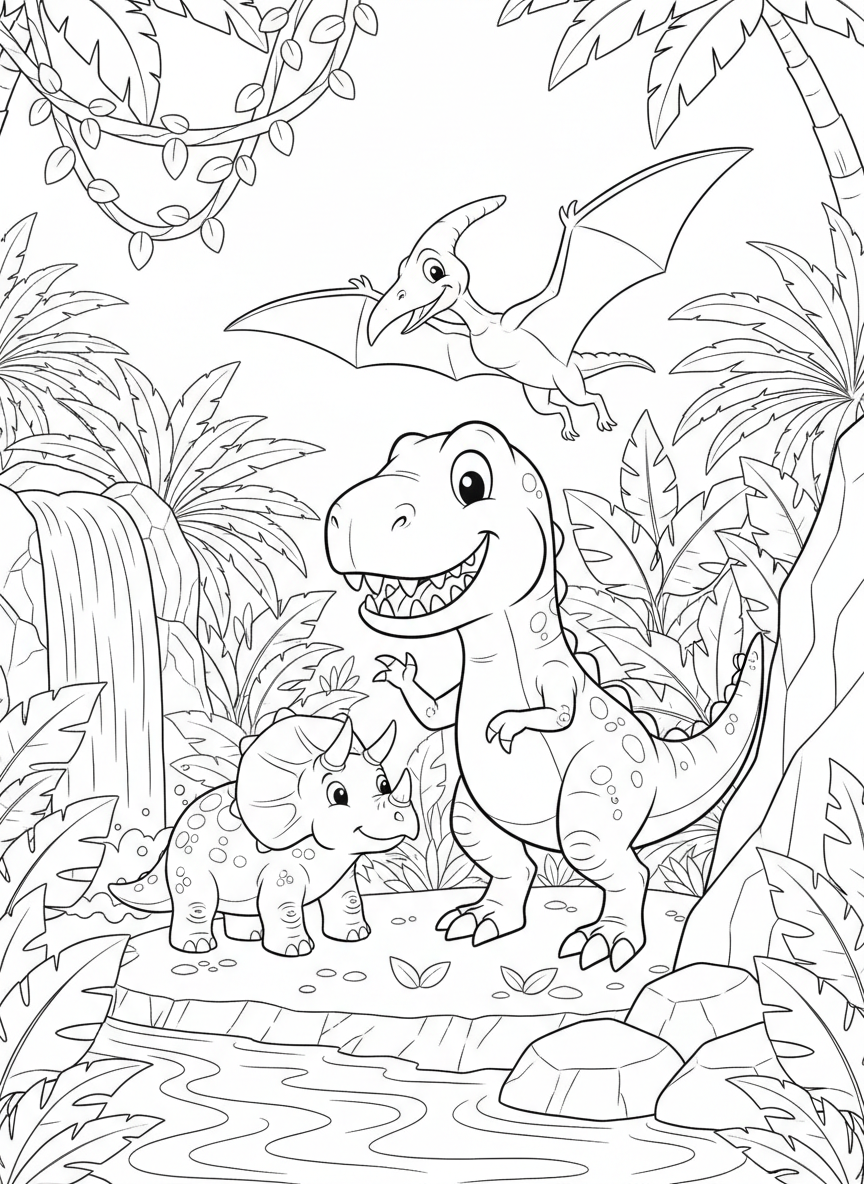 Dinosaur world coloring book cover, full-color illustration with friendly cartoon T-Rex, triceratops, and pterodactyl in a jungle. Title-safe area at top.