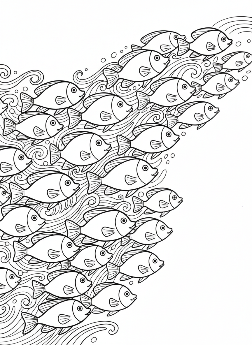 A school of tropical fish swimming together in the same direction, creating a flowing pattern through the blue water.