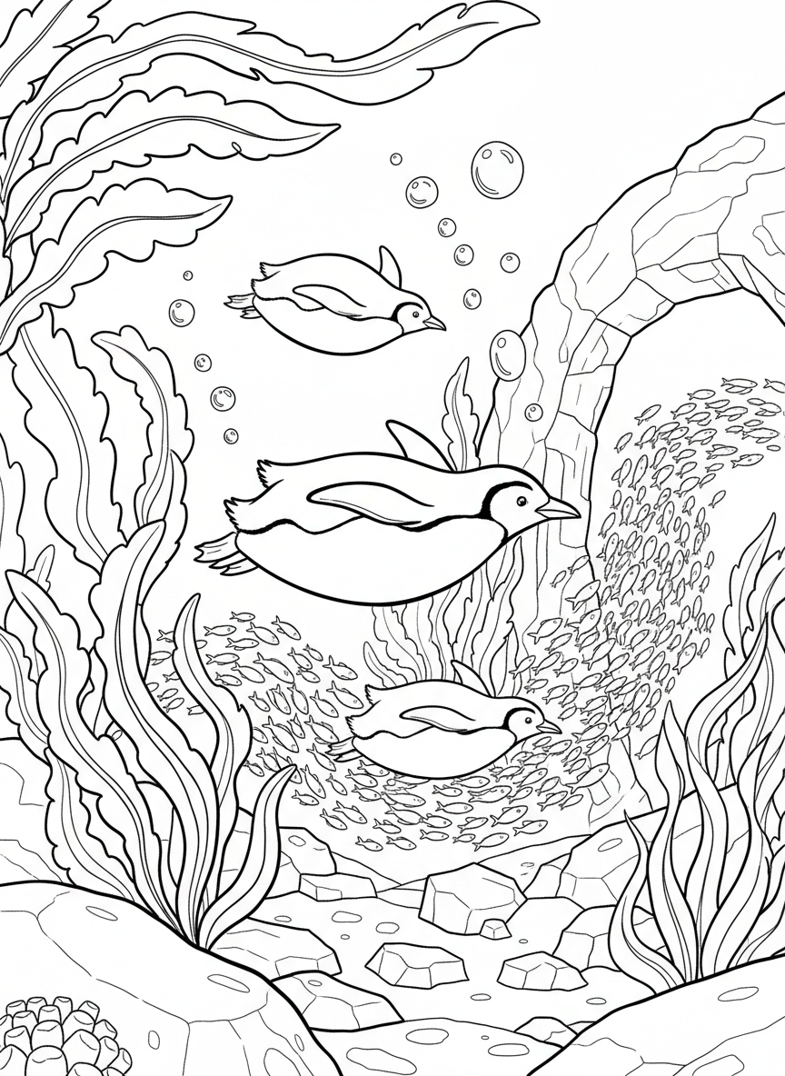 A group of penguins diving and swimming underwater, chasing small fish