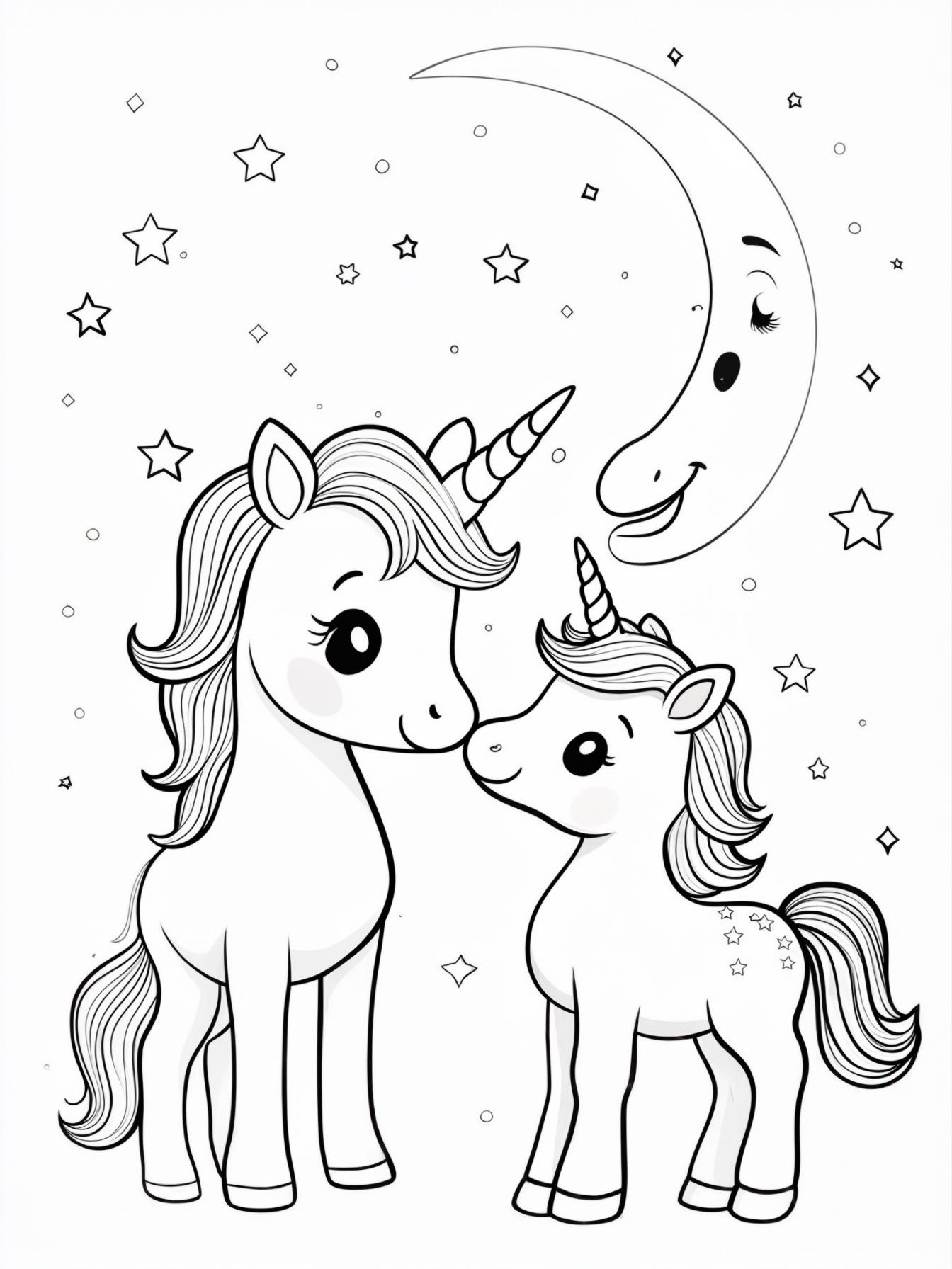 Two friendly unicorns (an adult and a foal) nuzzling noses under a starry night sky with a large, friendly crescent moon.