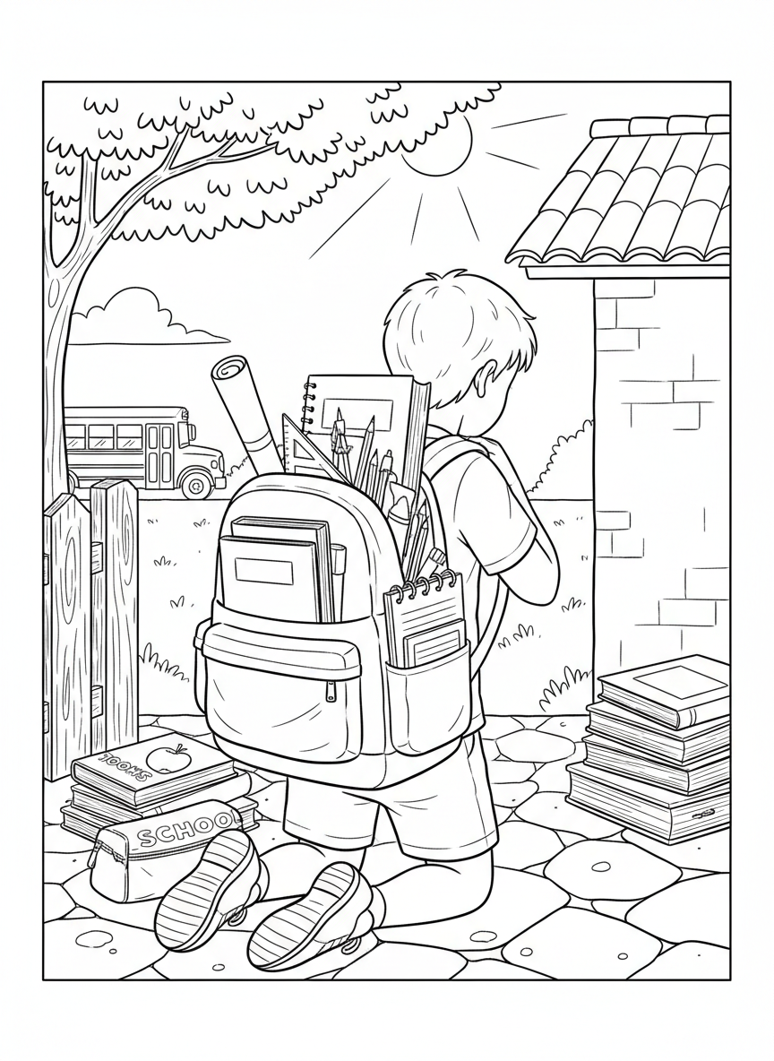 A child putting books and supplies into a backpack, school items like pencils and notebooks visible, getting ready for school