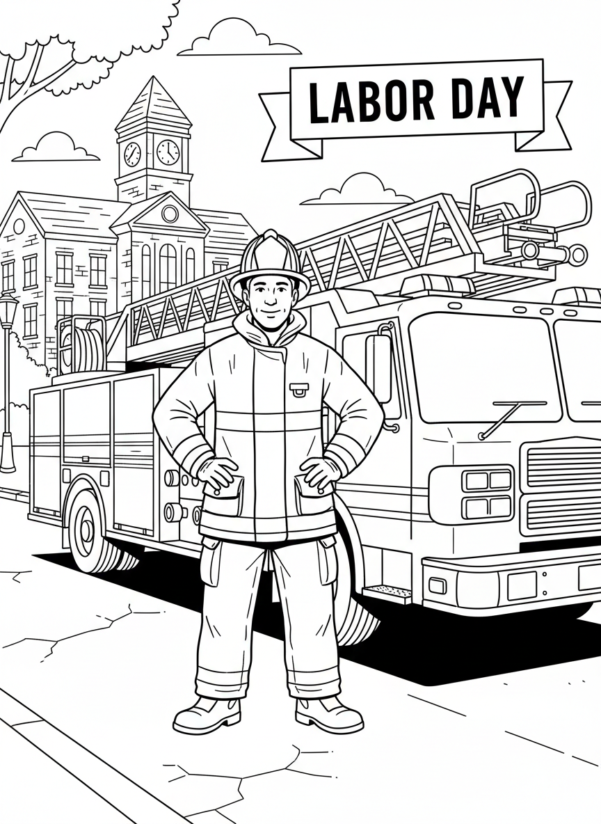A firefighter in uniform standing proudly next to a fire truck, representing community workers honored on Labor Day.