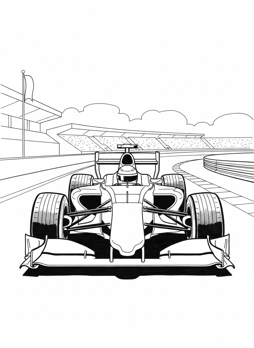 A Formula One style racing car with open wheels and streamlined body, front view showing wide stance and aerodynamic wings