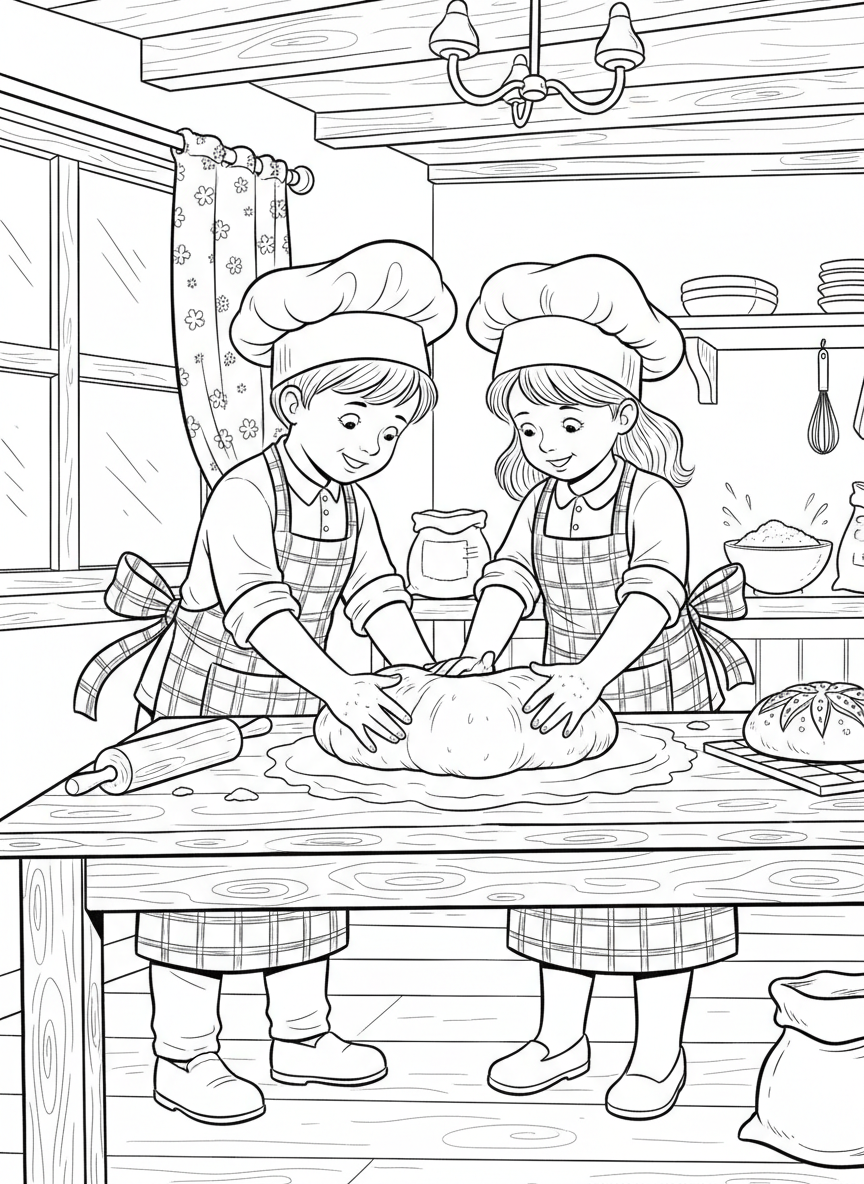 Two young bakers kneading dough together at a wooden table, wearing matching aprons