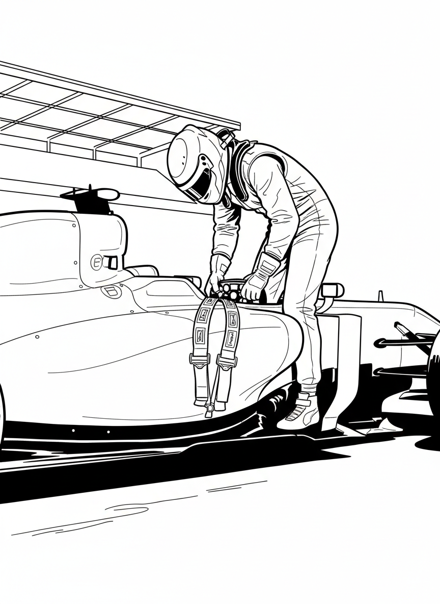 A Formula One driver climbing into their race car cockpit, showing the tight fit and safety harness inside.