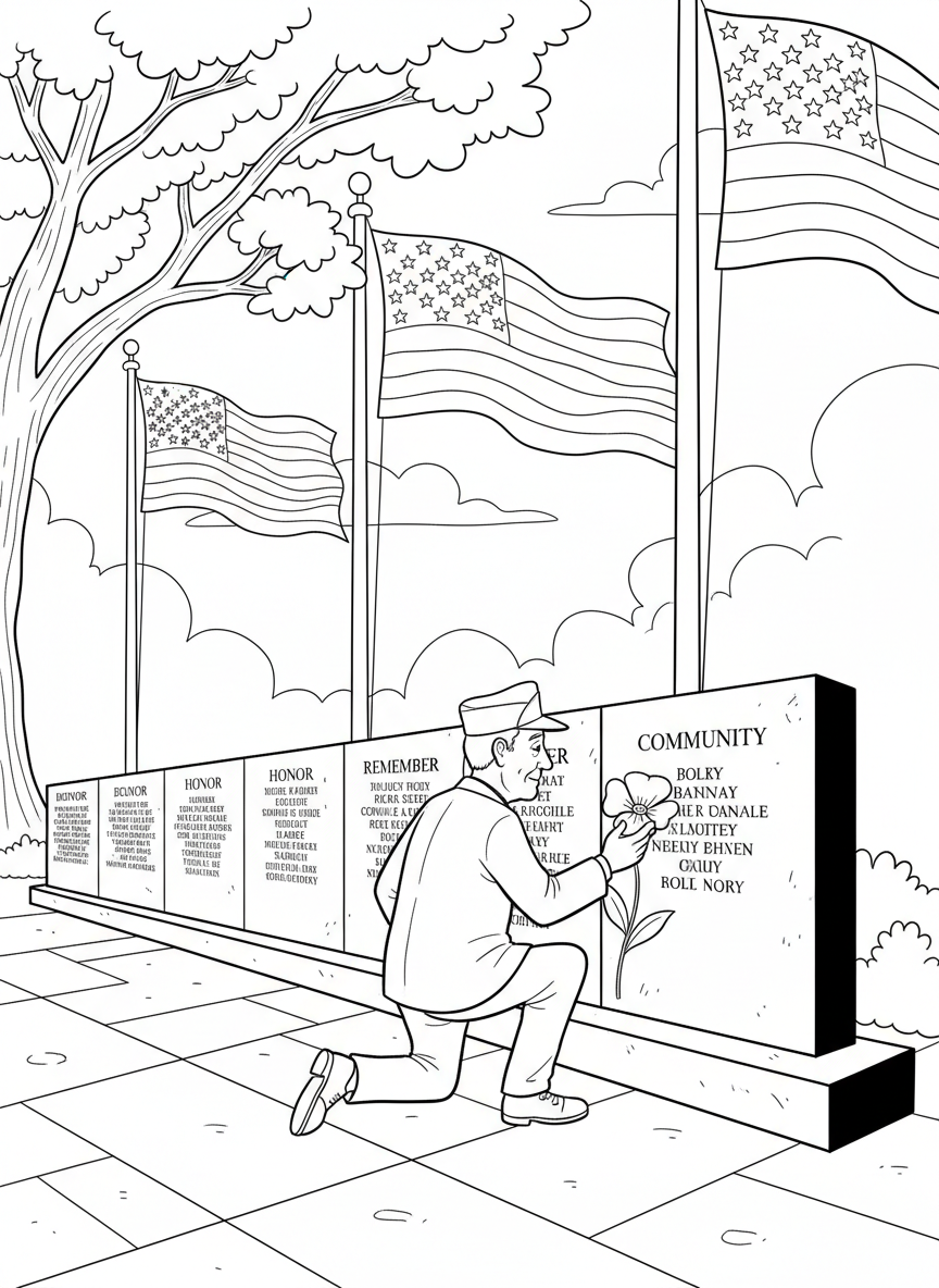 Memorial Day coloring page prompts honoring remembrance, reflection, community gatherings.	A veteran placing a single flower at a memorial wall, fingers resting briefly on engraved names while flags ripple softly nearby.