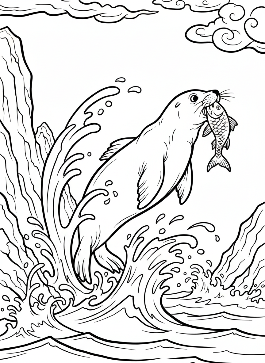 A seal catching a fish in its mouth while leaping out of the water, dynamic action pose with splash.