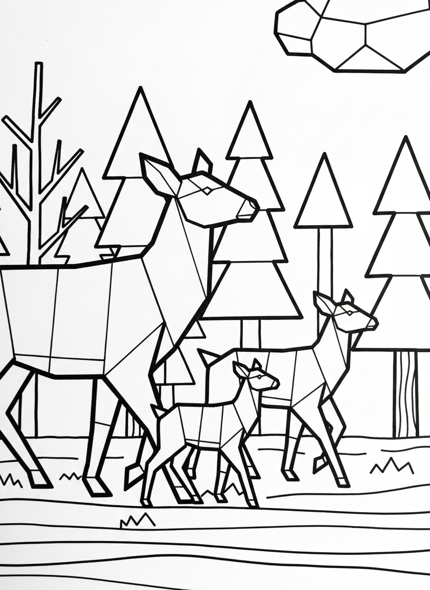 A family of three origami deer in different sizes walking through simple geometric trees, showing various folding patterns and poses.
