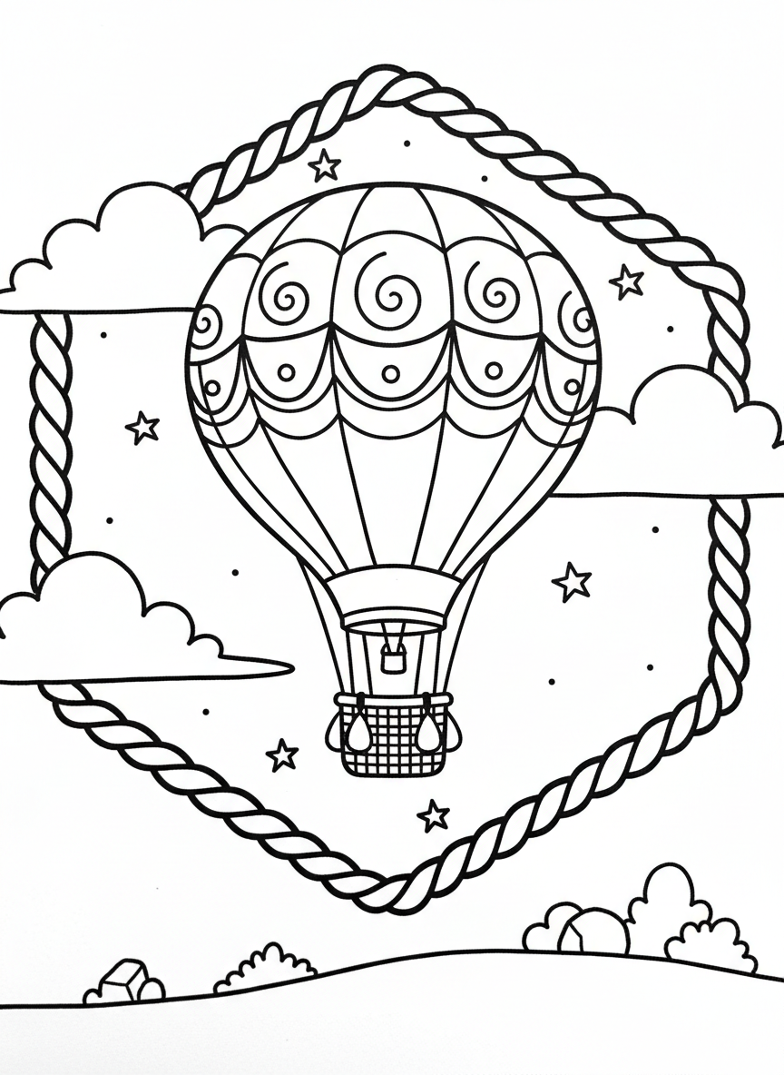 A hexagonal ornament showcasing a detailed hot air balloon floating among simple clouds and tiny stars