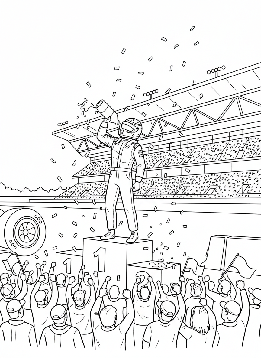 A victory celebration at the Indianapolis 500 with the winner drinking milk and confetti falling, podium scene.