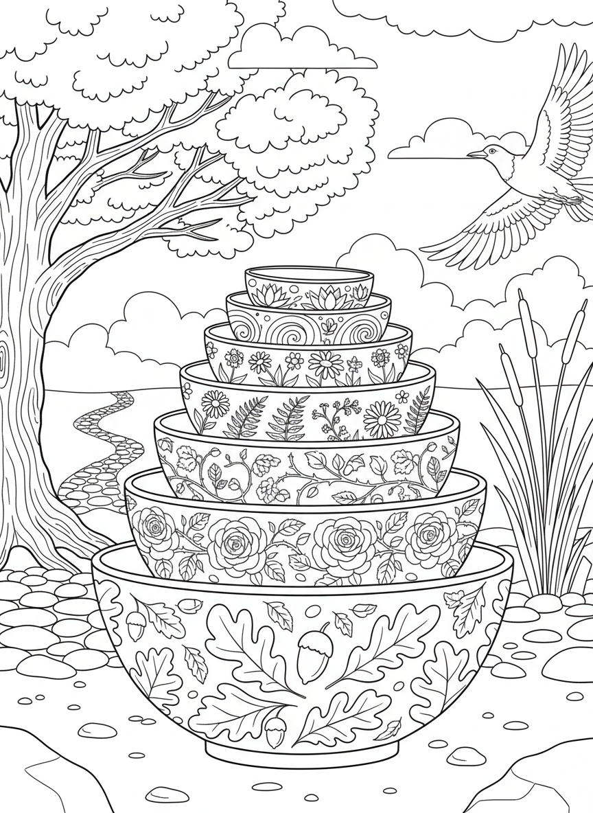 A set of nesting bowls in graduated sizes, each featuring different nature patterns like leaves and flowers.