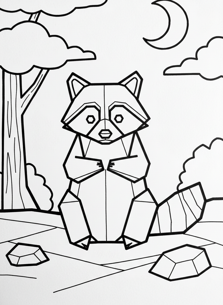 A playful origami raccoon with distinctive folded paper mask markings and striped tail, shown in a sitting pose with clear angular shapes.
