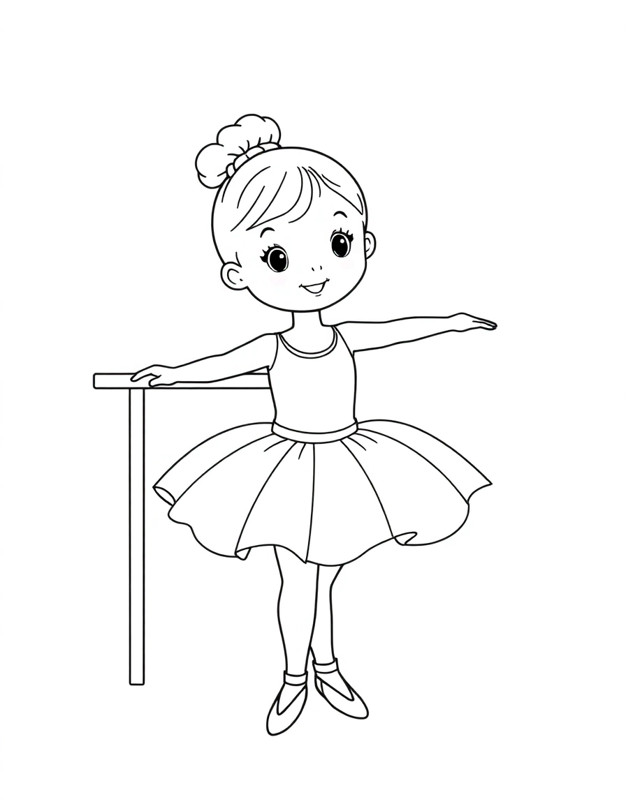 Tiny Ballerina: A cute little girl practicing a plié at a barre, wearing a very puffy, large tutu.
