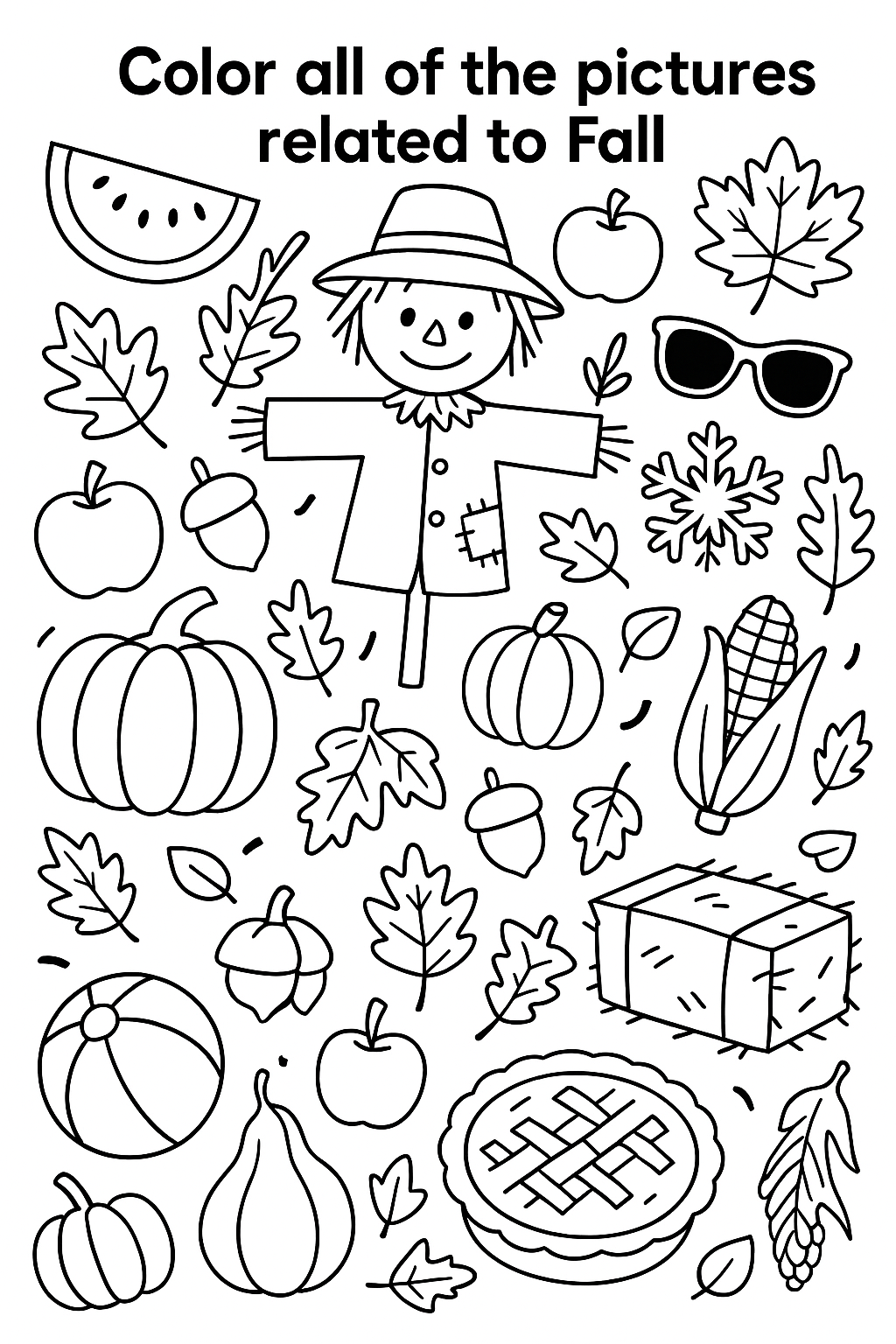 "Color all of the pictures related to Fall". Show pumpkins, leaves, acorns, apples, scarecrow, hay bale, corn, and pie mixed with non-fall items like beach ball, snowflake, watermelon, and sunglasses. Scatter everything randomly across the page with clear outlines.
