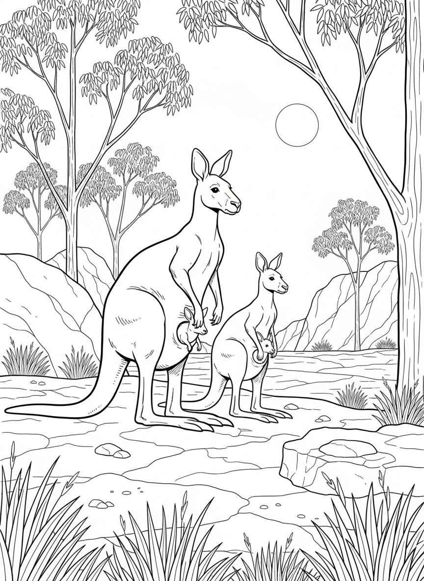 A group of three kangaroos of different sizes standing together in a family scene, outback landscape behind them.