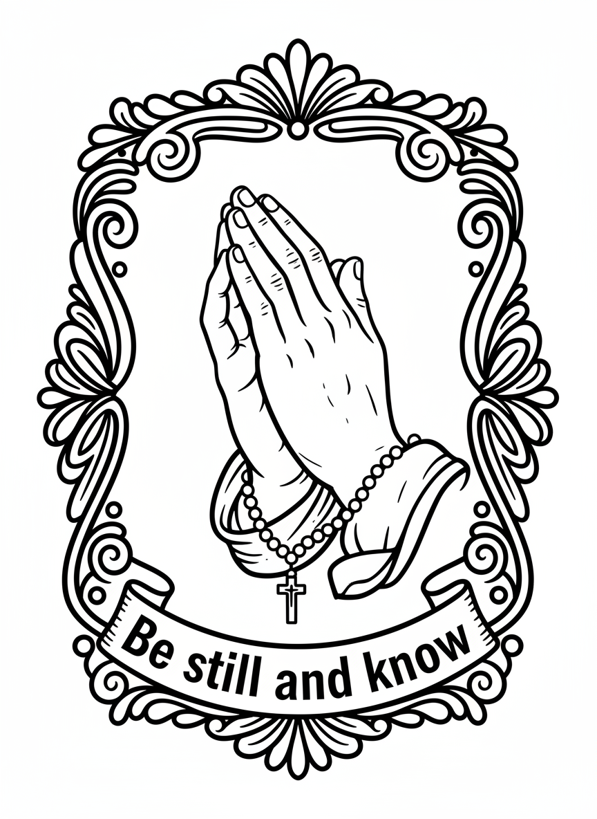 Praying hands with a rosary wrapped around them, surrounded by a decorative border, with 'Be still and know' written above.