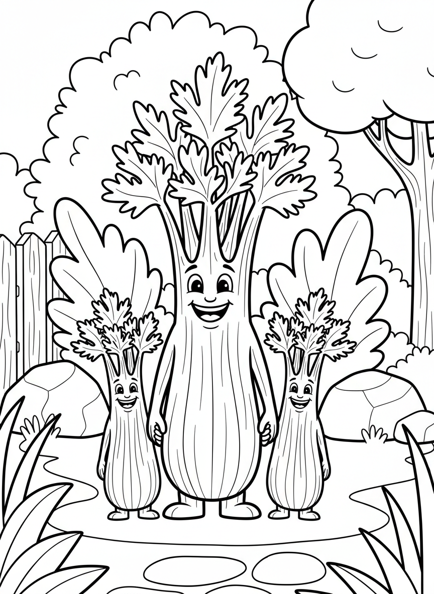 Smiling celery stalks standing together like a family, with leafy tops and clear ribbed texture on stalks