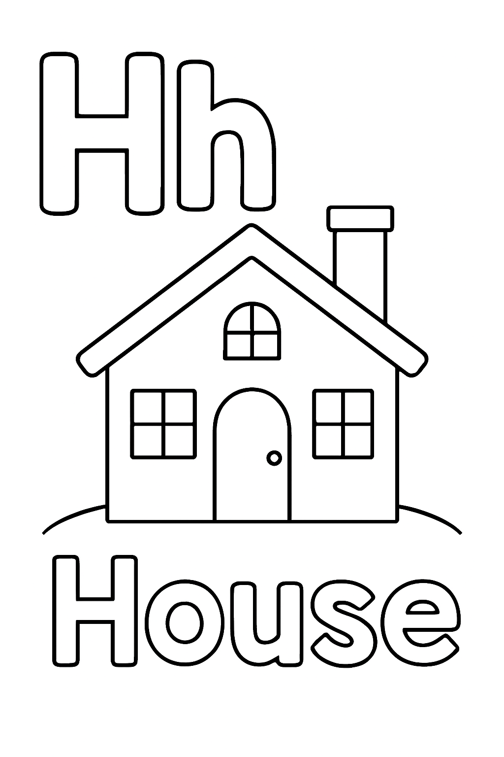 The uppercase letter “H” next to the lowercase letter “h”. With a house image under the letters. Write out the object “House”.
