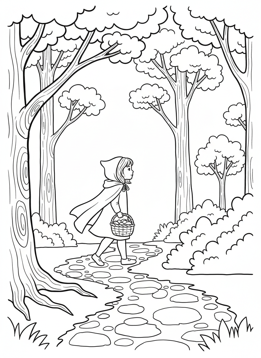 A girl with a red hooded cape carrying a basket through a forest path with tall trees, line art illustration