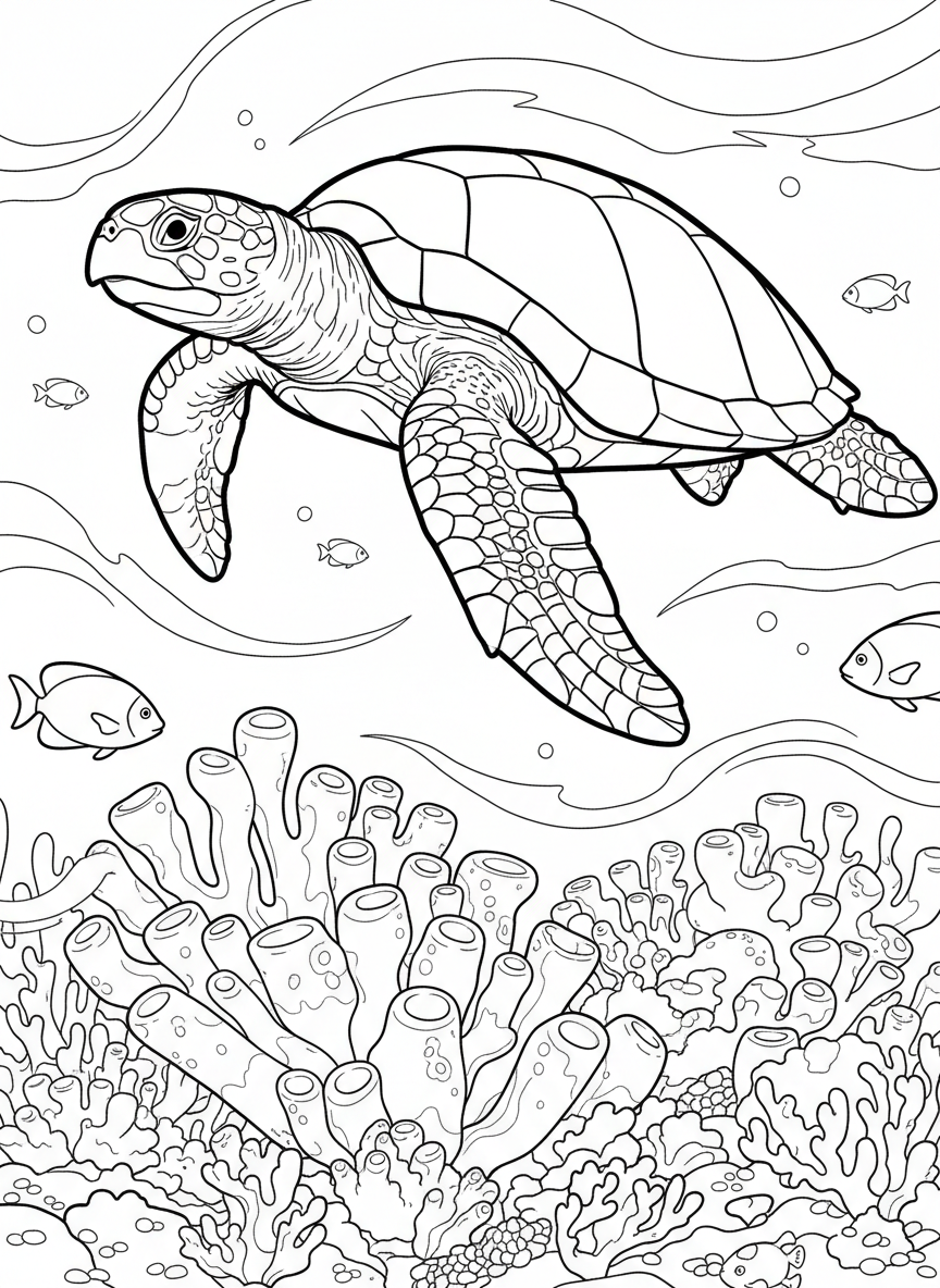 A sea turtle swimming near the Great Barrier Reef with small fish and coral outlines, gentle underwater scene.