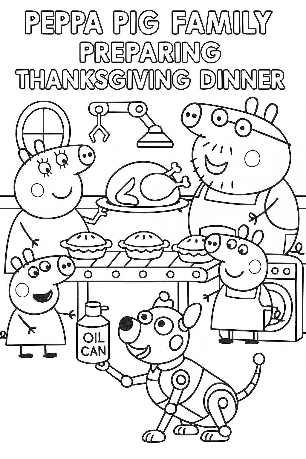 peppa pig family preparing thanksgiving dinner in futuristic kitchen, turkey, conveyor belt with pies, mechanical pet dog begging for oil can treats