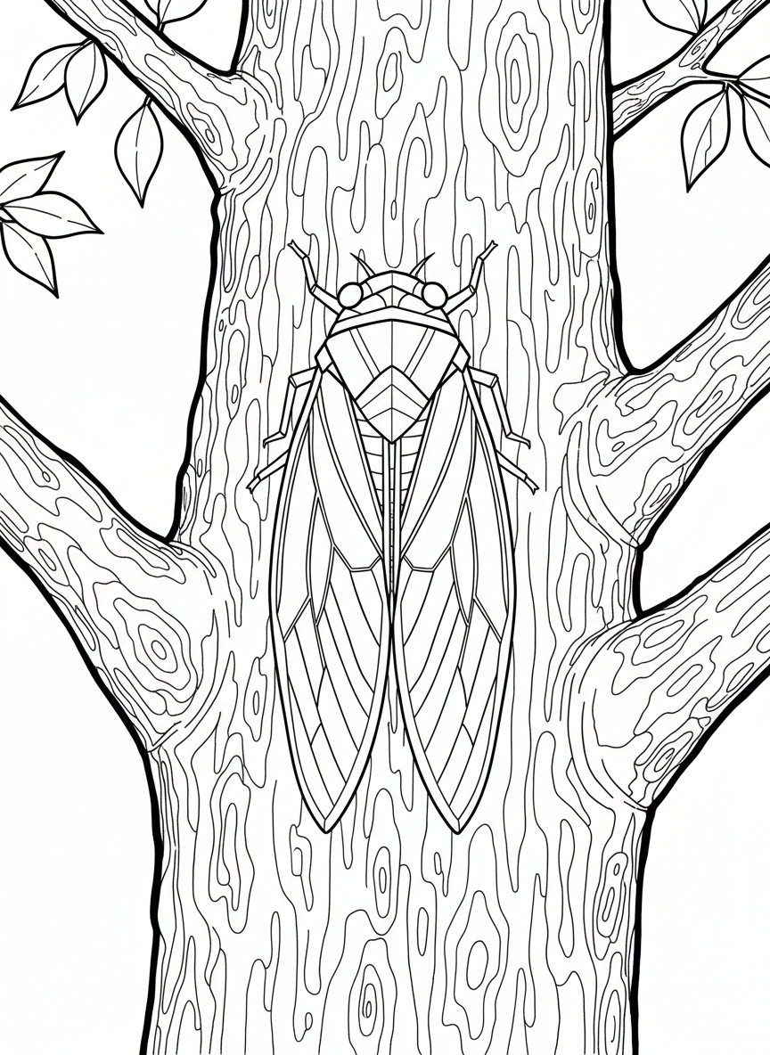 An origami cicada with detailed wing veins shown as fold lines, clinging to tree bark, medium difficulty design