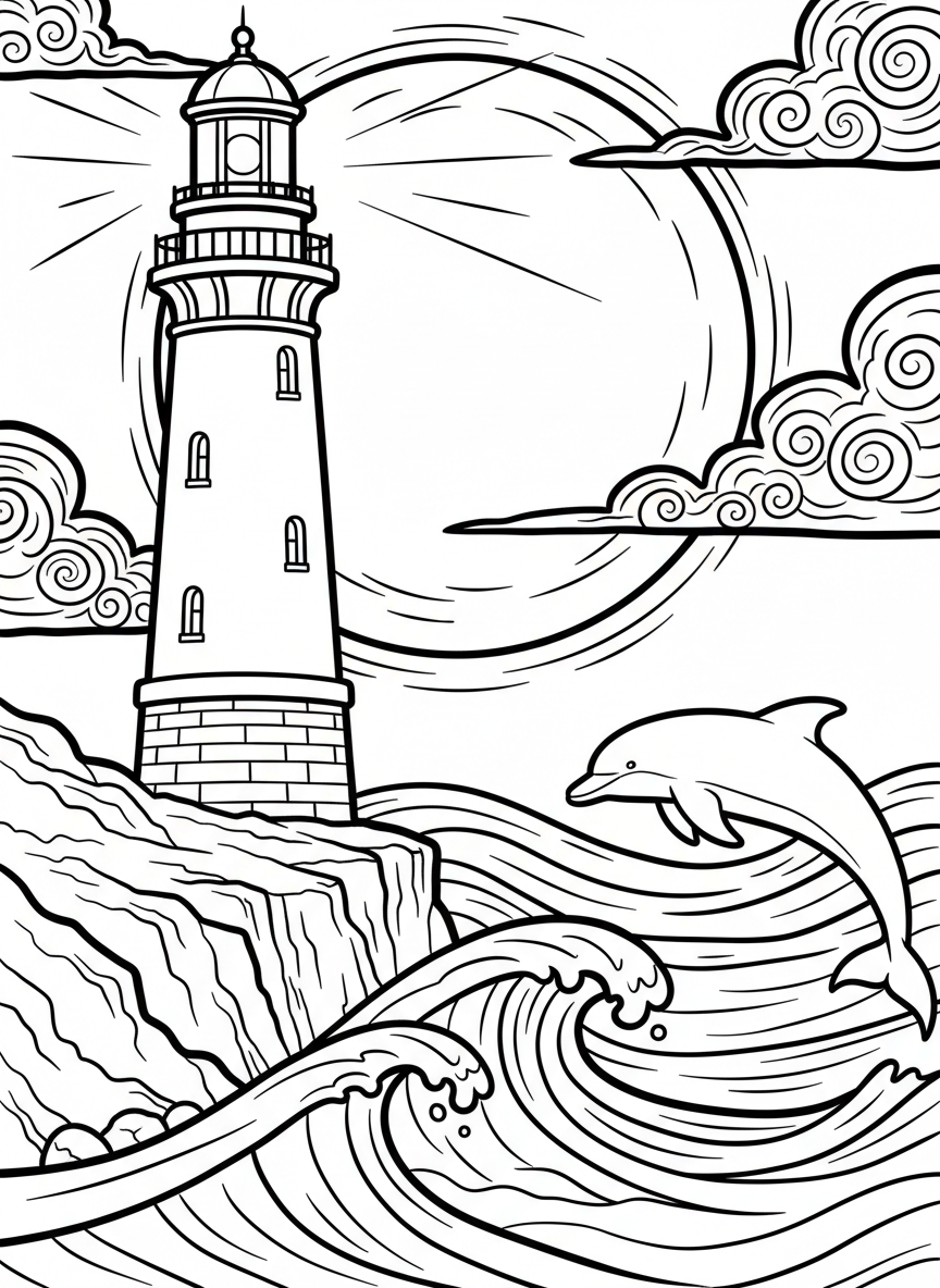 A lighthouse at sunset with a large sun on the horizon, gentle waves, and a dolphin jumping out of the water nearby