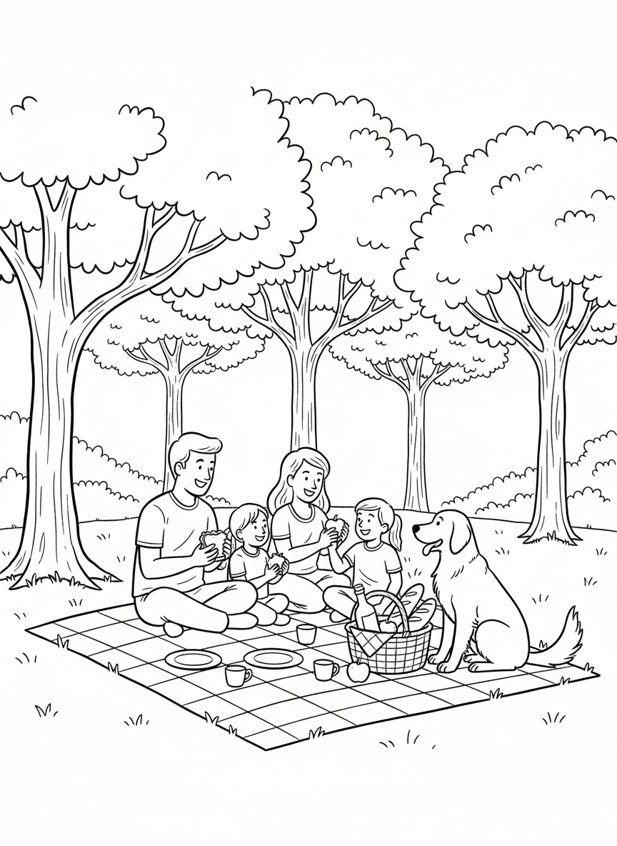 A family of four having a picnic on a blanket in the park, with a basket of food, trees in the background, and a friendly dog nearby.