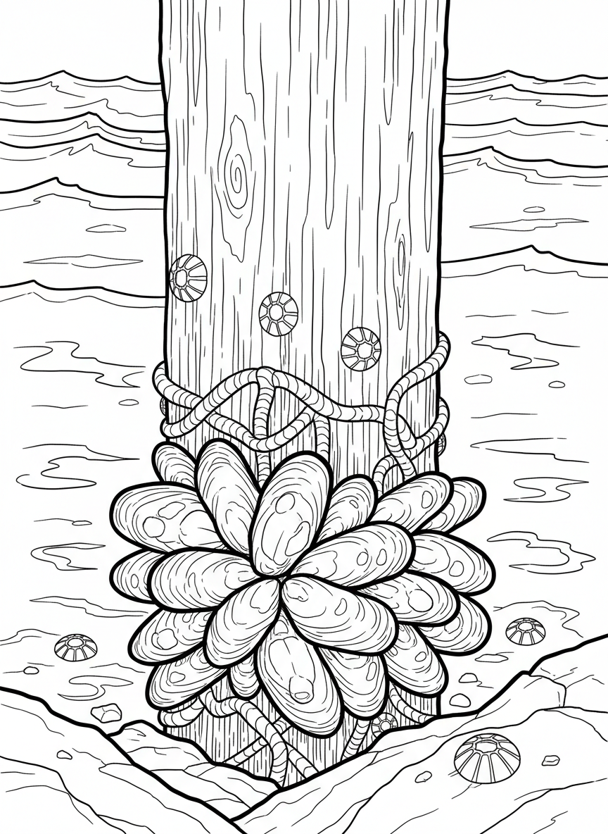 Mussels attached to a wooden pier post with their byssal threads visible, barnacles scattered around, showing how they anchor themselves