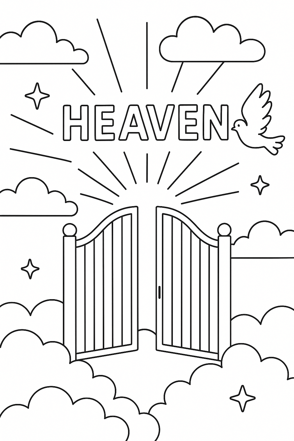 Draw clouds, rays of light, and an open gate. Add small stars and a dove in corners; keep layout peaceful and uncluttered.