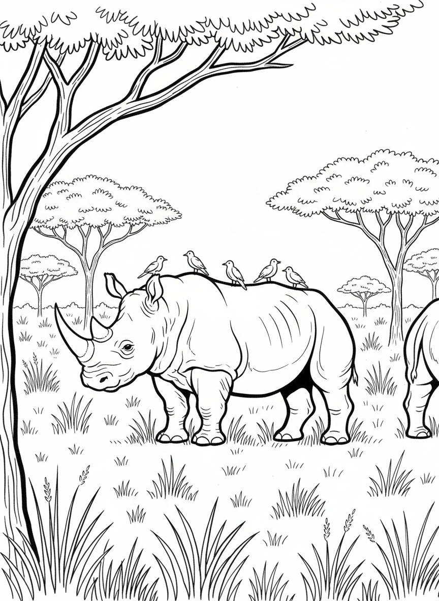 A rhinoceros standing in savanna grassland with birds perched on its back, sturdy outline