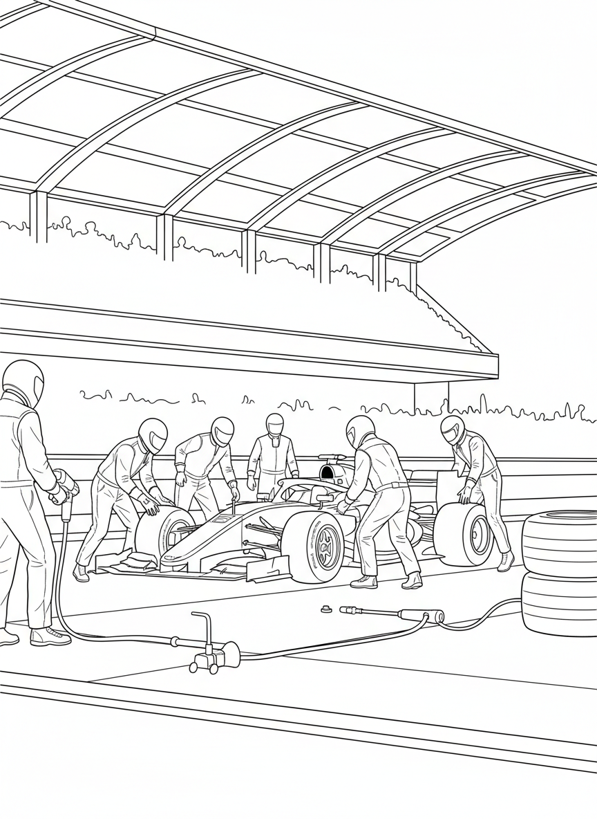 A pit crew working on a race car during a pit stop, showing team members with tools and tires.