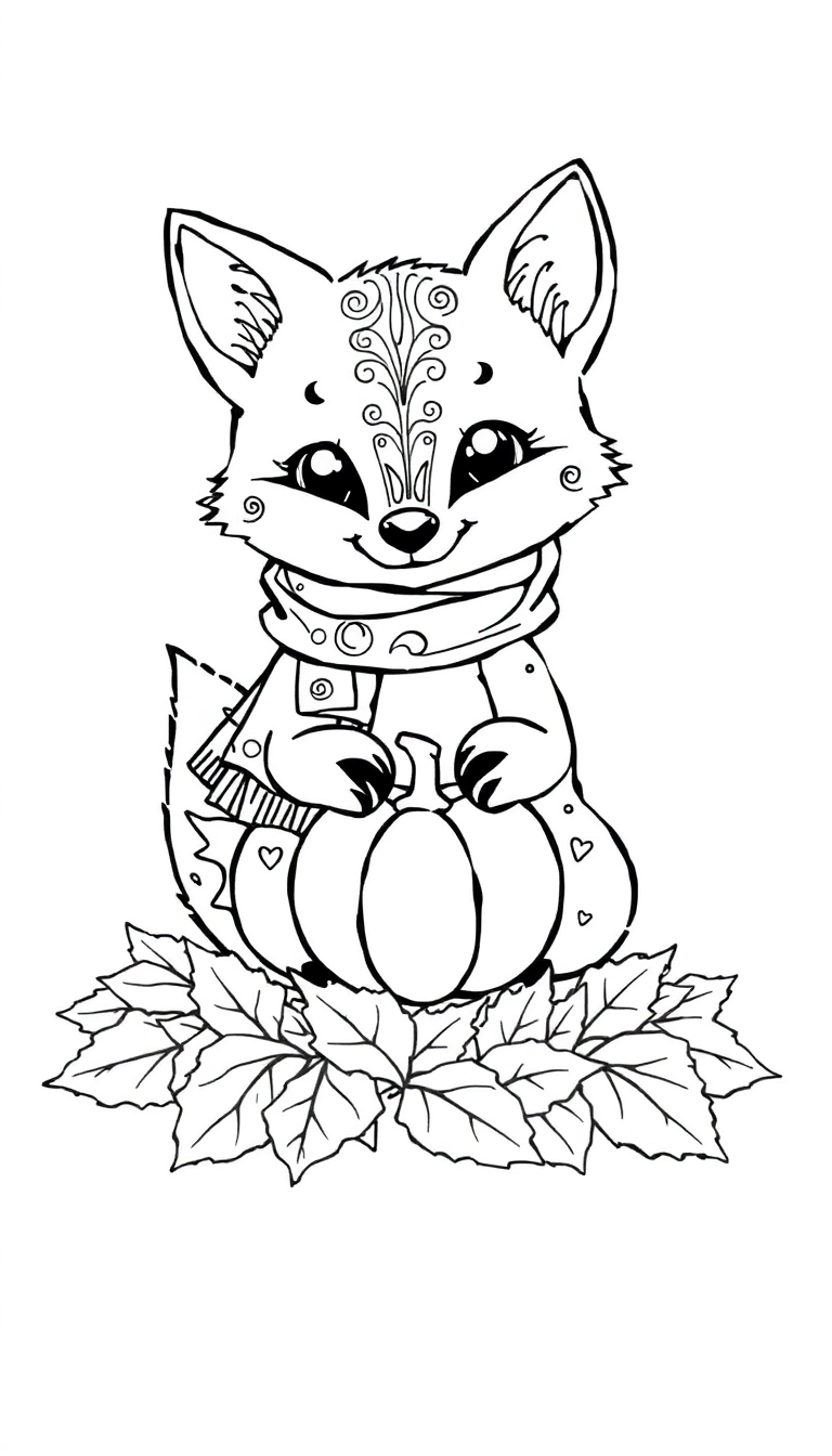 A small fox wearing a scarf, sitting on a pile of fallen leaves and holding a pumpkin.