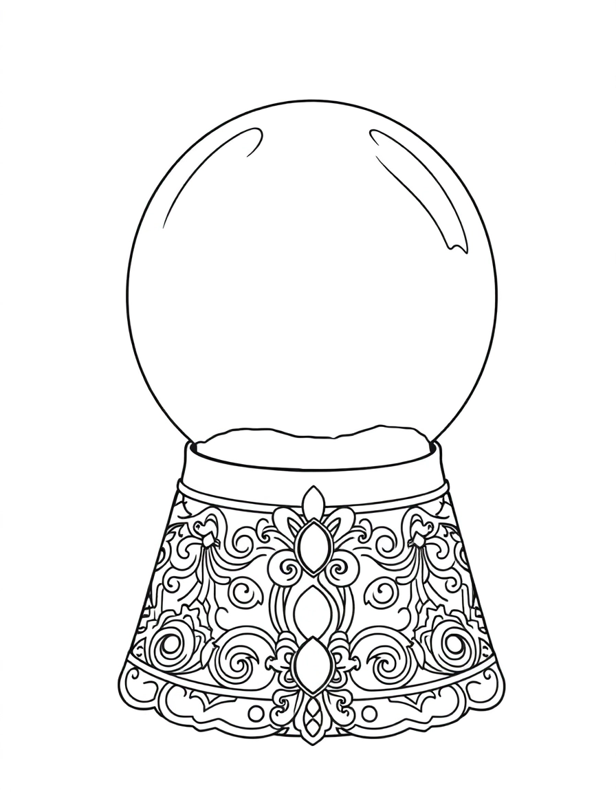 snow globe: Ornate Base: A focus on the base of the snow globe, which is decorated with intricate scrollwork and gems for detailed coloring, holding a simple glass sphere.