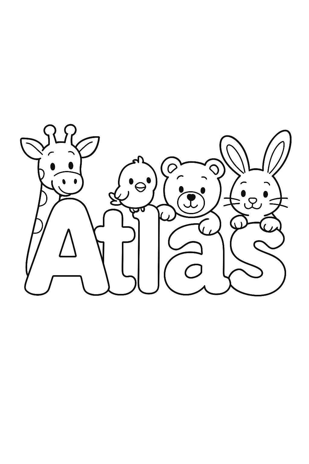 The name “Atlas” in bubble letters with cartoon animals peeking out of each letter. make the name all on one line, capitalize only the first letter