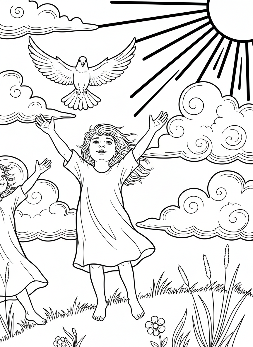 A child releasing a dove into the sky with outstretched hands, clouds and sun rays in background, symbolic peaceful image