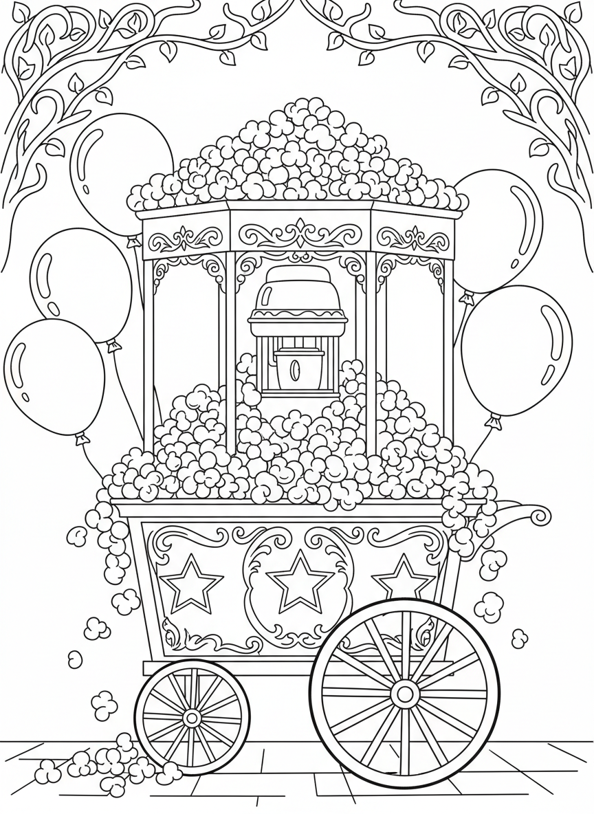 A popcorn cart decorated with swirls and stars, overflowing with popcorn and surrounded by balloons.
