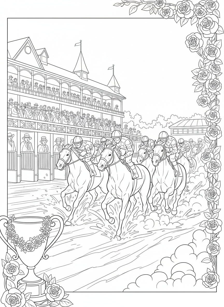 Kentucky Derby coloring page prompts capturing elegance, horse racing tradition, spring fashion, and historic pageantry.	Thoroughbreds bursting from the gate, jockeys crouched low as dirt flies and the race explodes into motion.