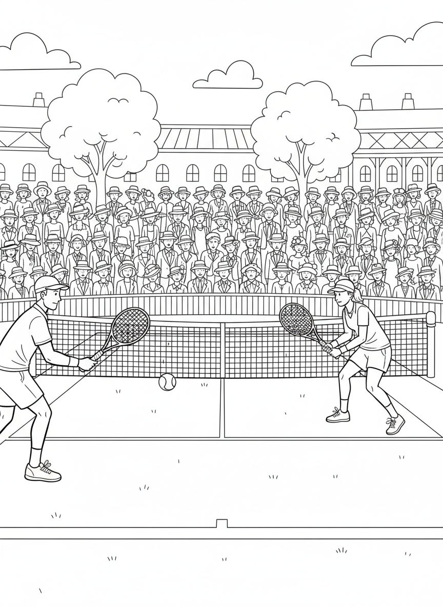 Wimbledon Finals coloring page prompts capturing tradition, grass courts, elegant crowds, and championship tennis drama.	A tense championship point with both players poised at the baseline, nerves and focus balanced in a single moment.