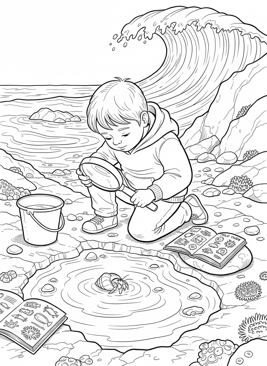 A young child kneeling by a tide pool, holding a magnifying glass to examine a hermit crab, with a bucket and field guide nearby.