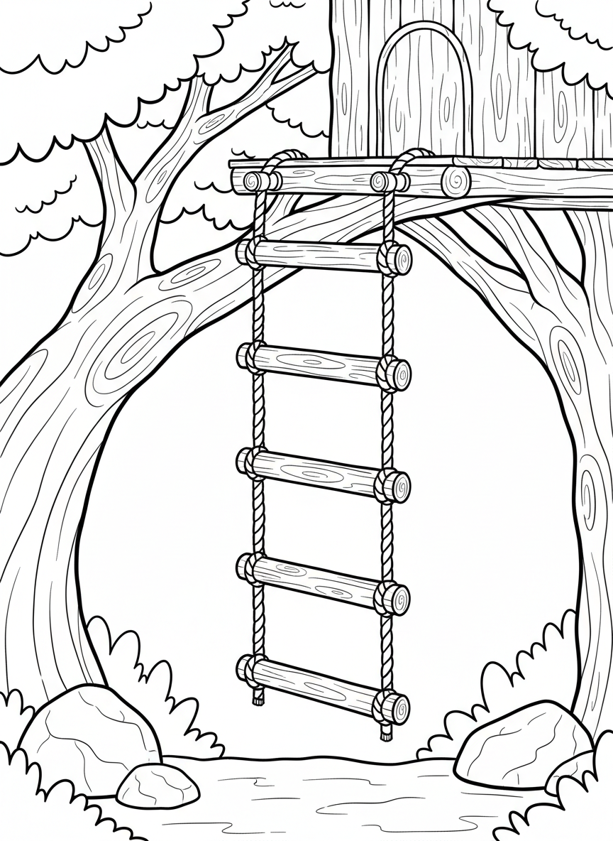 A simple rope ladder hanging from a treehouse platform with thick wooden rungs, clear outlines perfect for coloring.