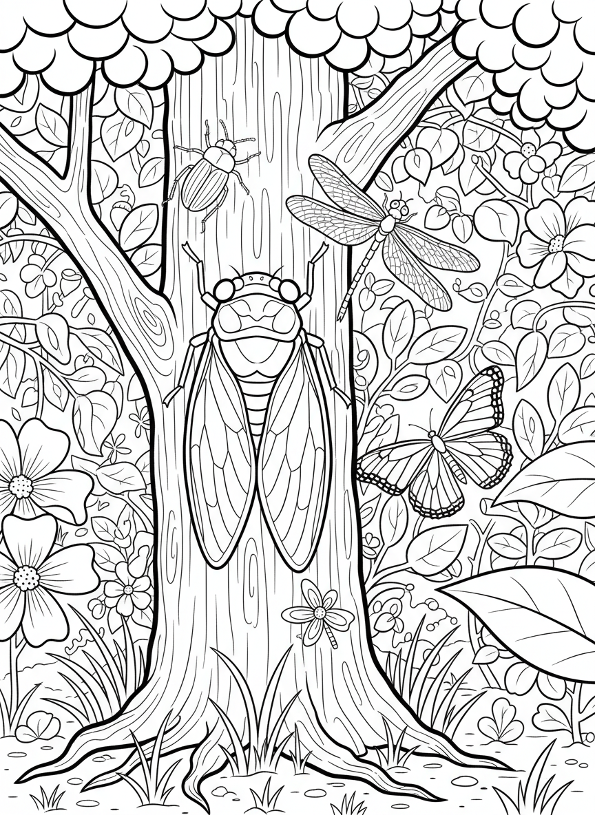 A cicada clinging to a tree trunk with transparent wings and large eyes, detailed summer insect.