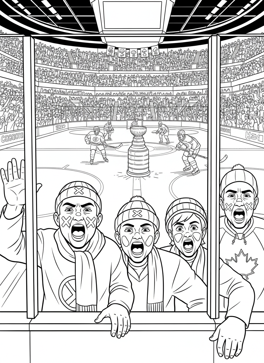 Stanley Cup Finals coloring page prompts capturing intense hockey action, frozen arenas, passionate fans, and championship tradition.	Fans pounding on the glass near the rink, faces painted and voices hoarse as the Finals atmosphere reaches a fever pitch.