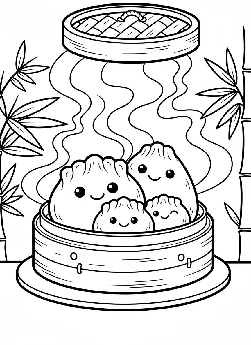 A cute dumpling family with happy faces sitting in a bamboo steamer basket, steam lines rising above them