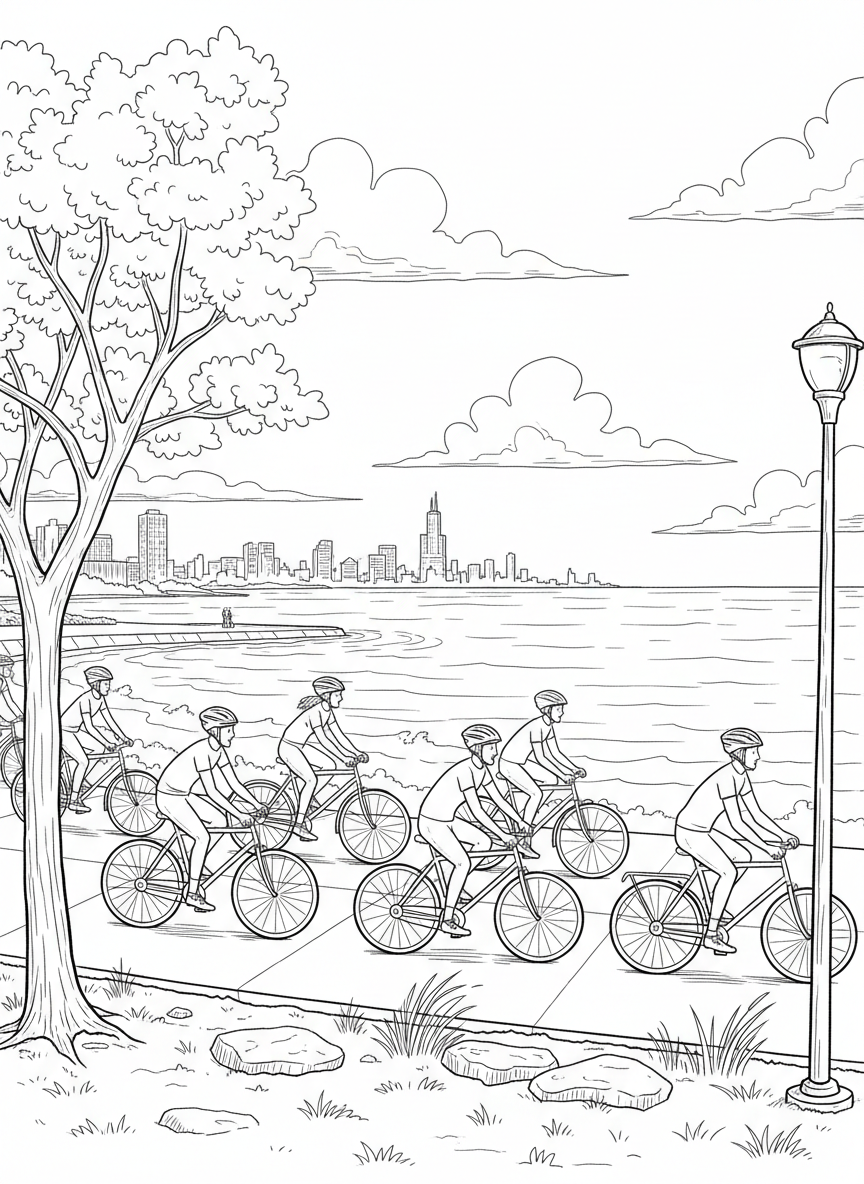 Lakefront bike path with cyclists riding along Lake Michigan, simple scene with bikes, path, and water view