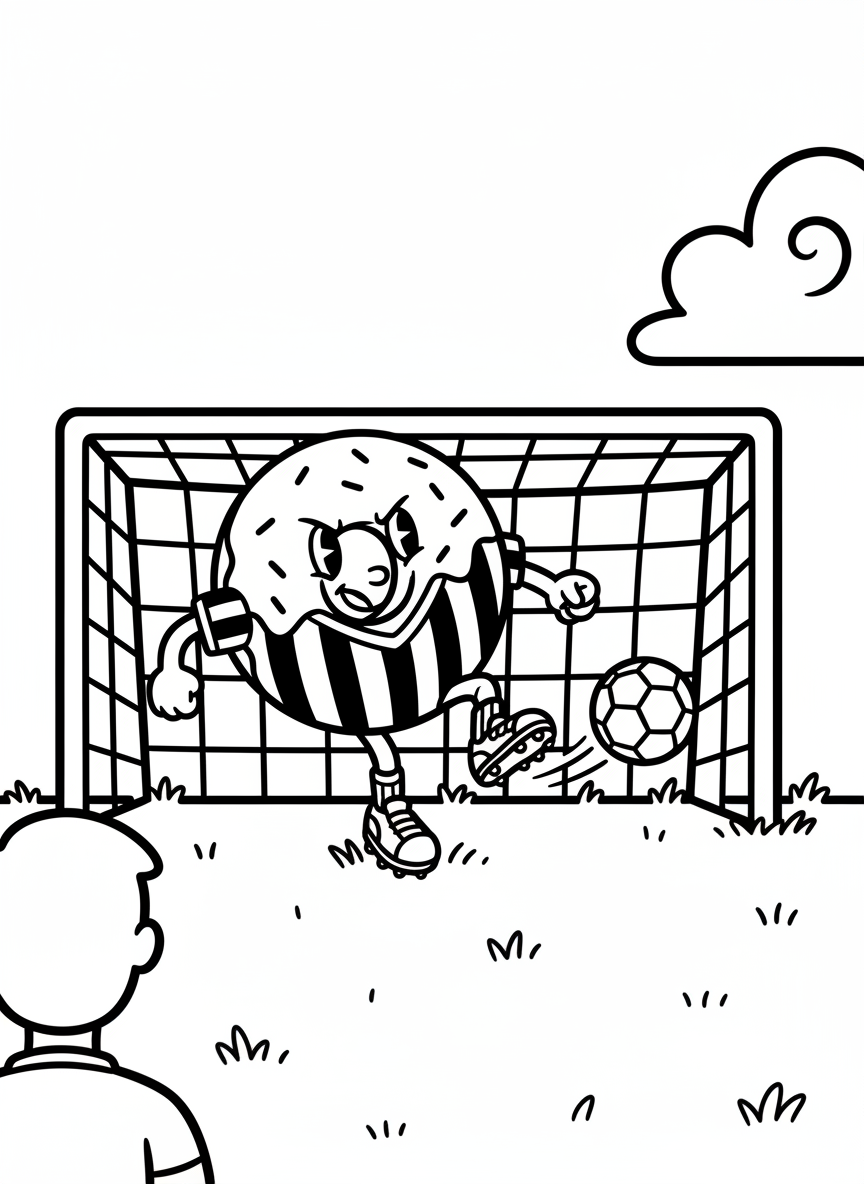 A donut playing soccer, kicking a ball toward a goal net, wearing a jersey and cleats with an excited face